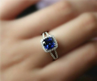 2Ct Cushion Cut Lab-Created Blue Sapphire Halo Wedding Ring 14K White Gold Over