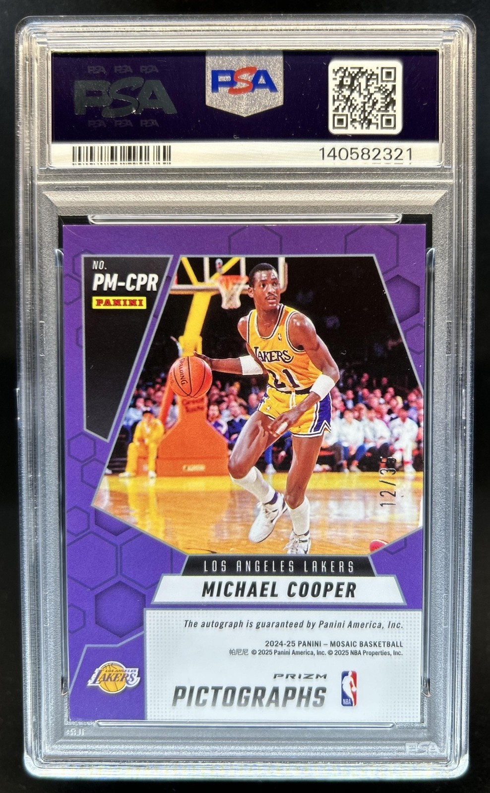 2024-25 Panini Mosaic Michael Cooper Mosaic Pictographs Blue Auto #/35 PSA 9 10 view 2
