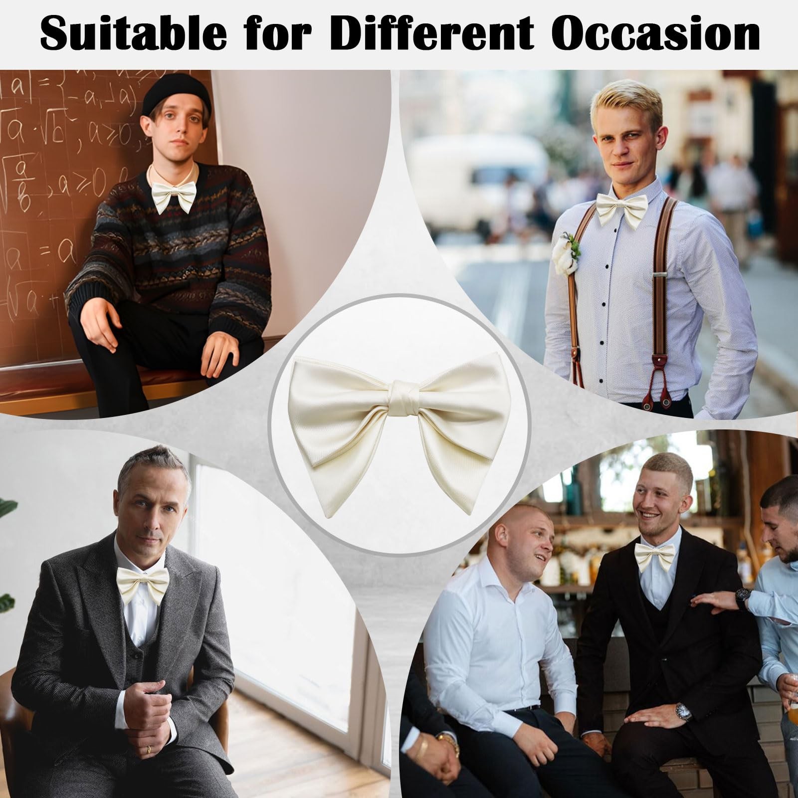 Oversized Bow Ties for Men Solid Color Pre-Tied Adjustable Bow Tie for White