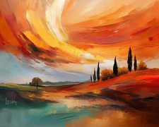 Original Oil Painting 30”x 24” Sunset Landscape Tuscany Style Art Canvas, Signed