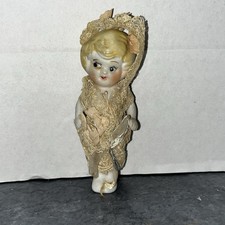 Antique 1920  s Bisque Kewpie Bride Doll Tambour Wedding Dress Veil Flowers