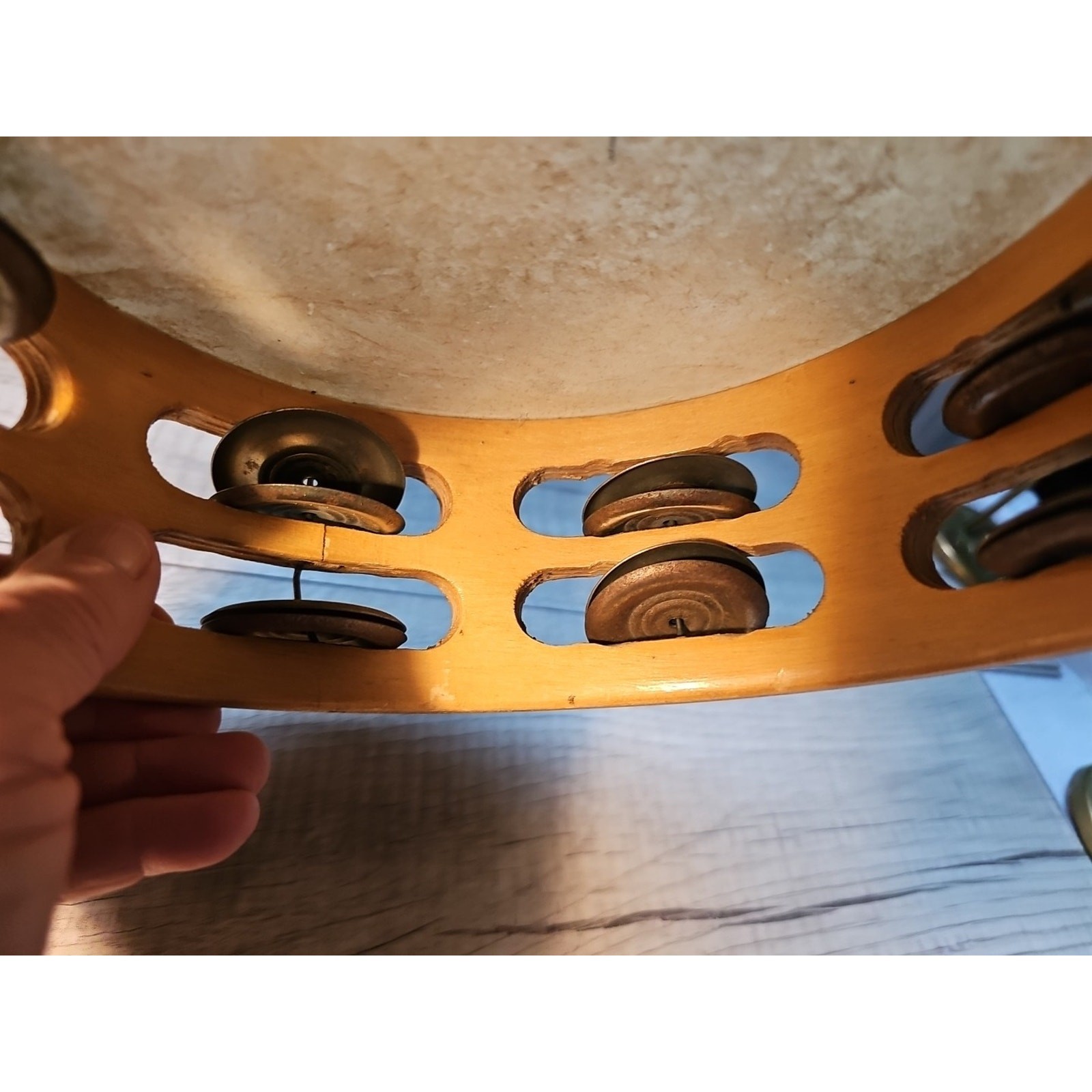 TAMBOURINE DOUBLE ROW CYMBALS 8 Inch Wood With Drum Pad Top Thumb Hole Vintage 
