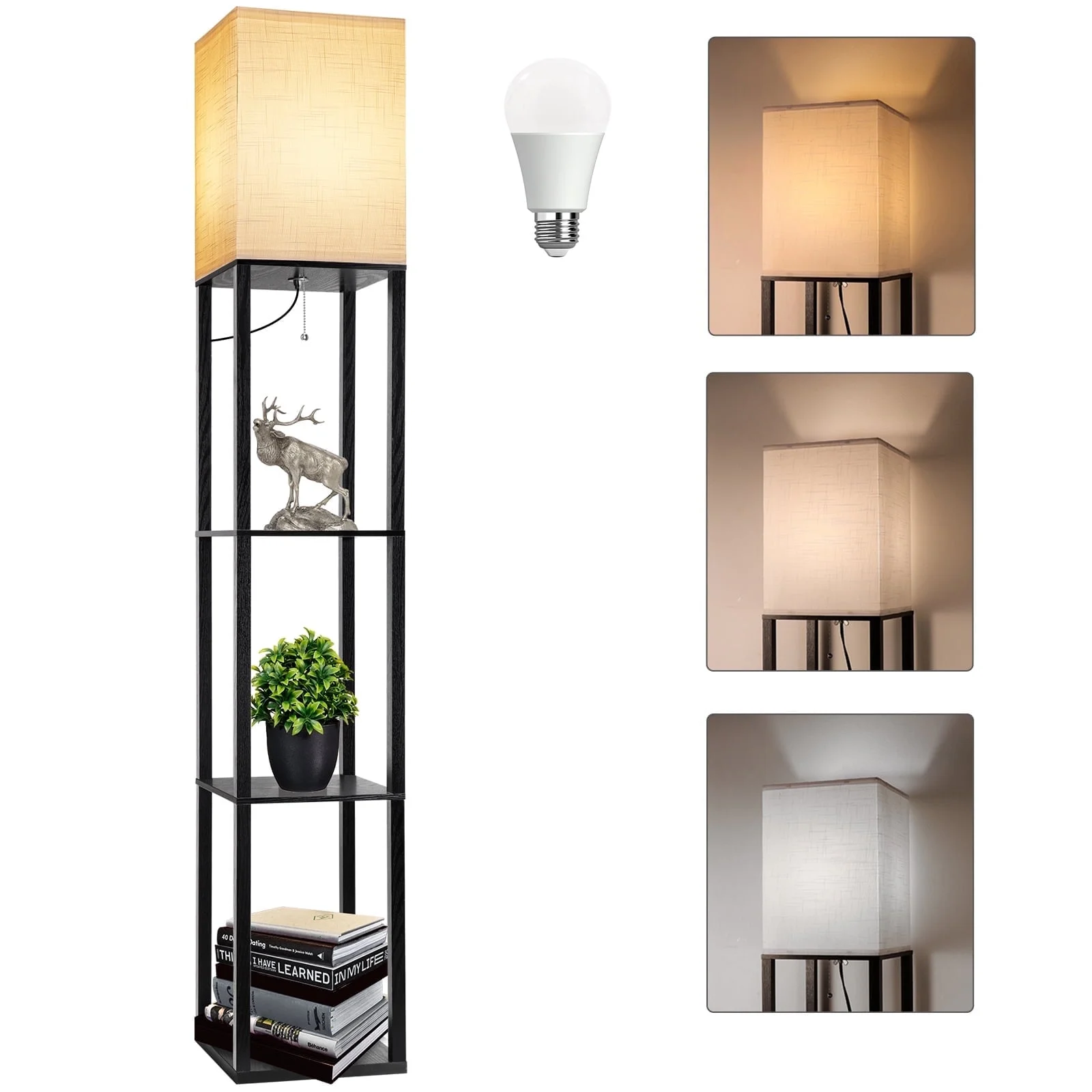 Modern 3-Tier AVV Shelf Floor Lamp with LED Bulb & Pull Chain Storage Lighting