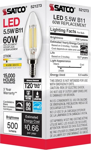 S21273 - LED B11 Candelabra Light Bulb, 5.5W, Warm White, Clear, 120V, E12, 6 Pa - Picture 6 of 9