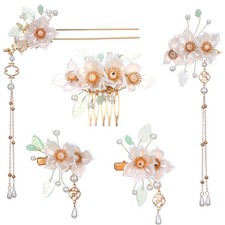 5pcs Camellia Flower Tassels Hairpin, Chinese Hanfu Hair White, Green