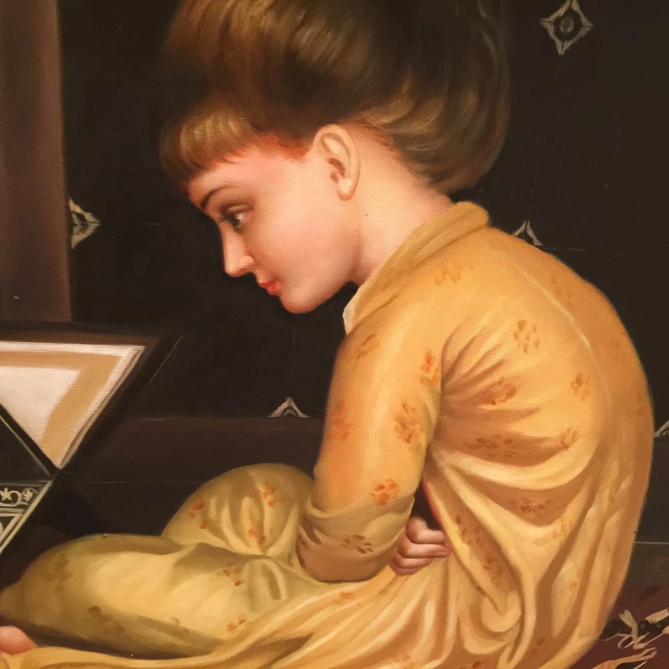 Estudio en el escritorio de lectura - Lord F. Leighton pintura al óleo enmarcada Foto 2 de 4