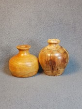 Vtg Hand Turned Solid Hardwood Bud Vases Set Of 2 Gorgeous Grain Burl