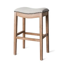 Maven Lane Adrien Saddle Bar Stool Oak Finish Sand Color Fabric Upholstery