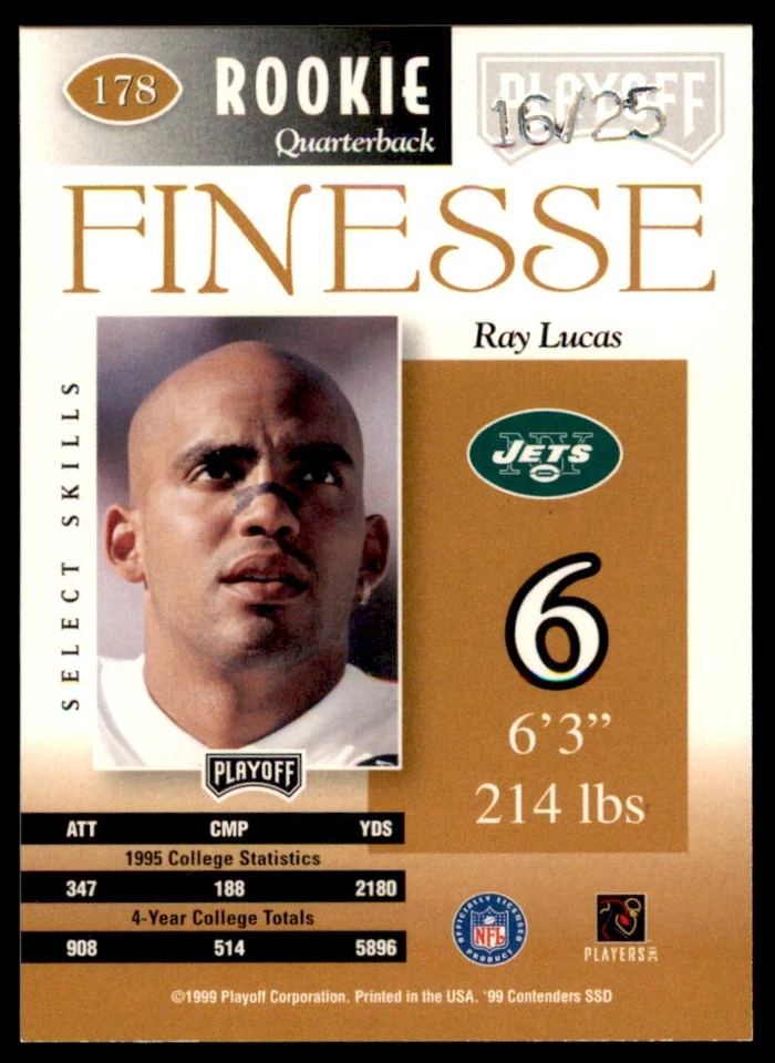 1999 Playoff Contenders SSD Finesse Gold Ray Lucas Auto RC 16/25 Jets #178B - Image 2 of 2