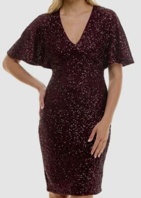 Taylor Women's Red Short-Sleeve Sequined Shift Dress Size 4
