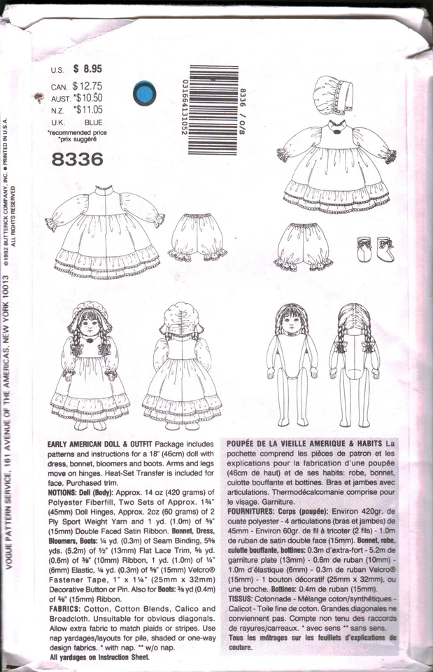 8336 Vintage Vogue Sewing Pattern Early American Doll + Outfit Linda Carr OOP - Image 2 of 2