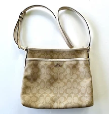 COACH  F58297 File Shoulder Crossbody Bag Khaki PVC  with Cream Leather trim