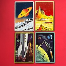 4 single OUTER SPACE playing cards - VINTAGE planets rockets SCIENCE FICTION