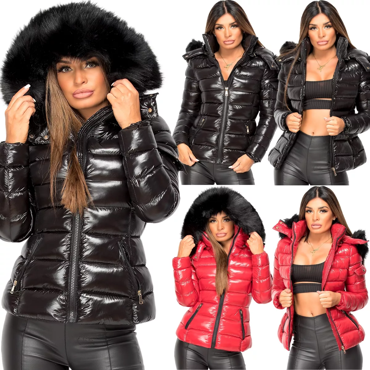 Womenu0026#039;s Puffer Quilted Wet Look Shiny Jacket Padded Faux Fur Hooded  Winter Coat | eBay