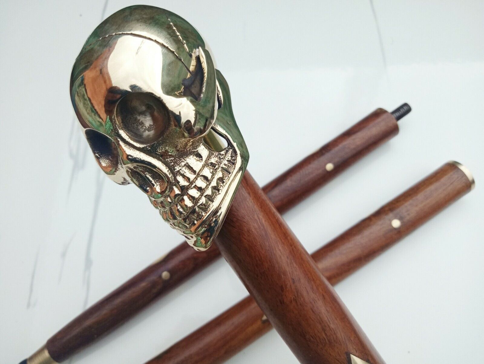 Solid Brass Walking Rod with Single Button, Skull… - image 5