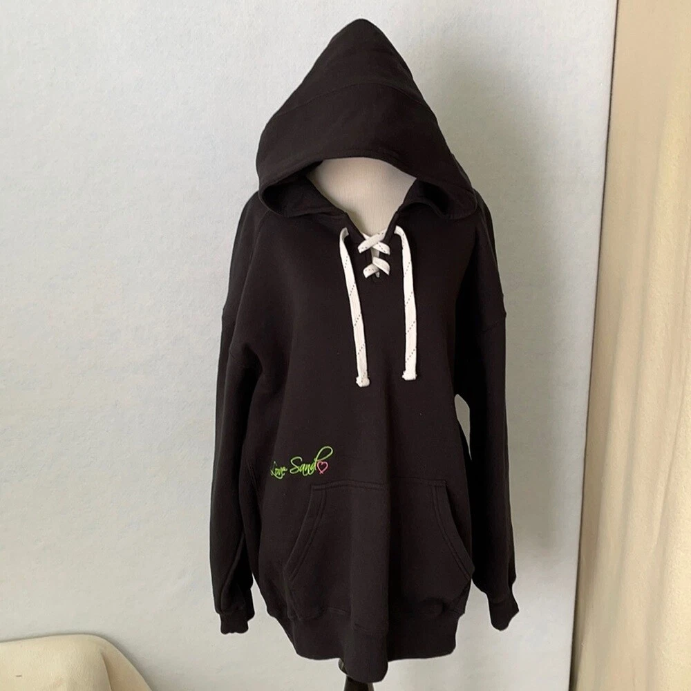 Love Sand Black Lace-up Beach Hoodie Sweatshirt, XL