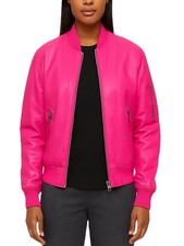 Women's Pink 100% Pure Lambskin Leather Bomber Jacket Baseball Varsity Style