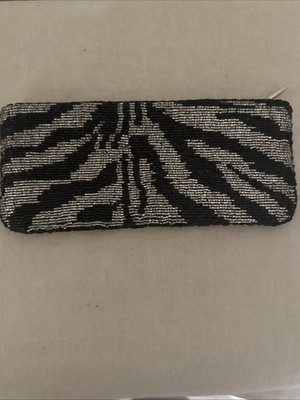 NEIMAN MARCUS Beaded Evening Clutch Bag Purse  Black Silver ZEBRA PATTERN