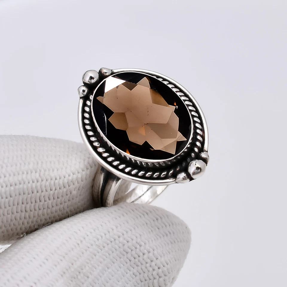 Anillo atractivo ajustable de plata de ley 925 maciza con piedras preciosas de cuarzo ahumado V5973 Foto 2 de 4