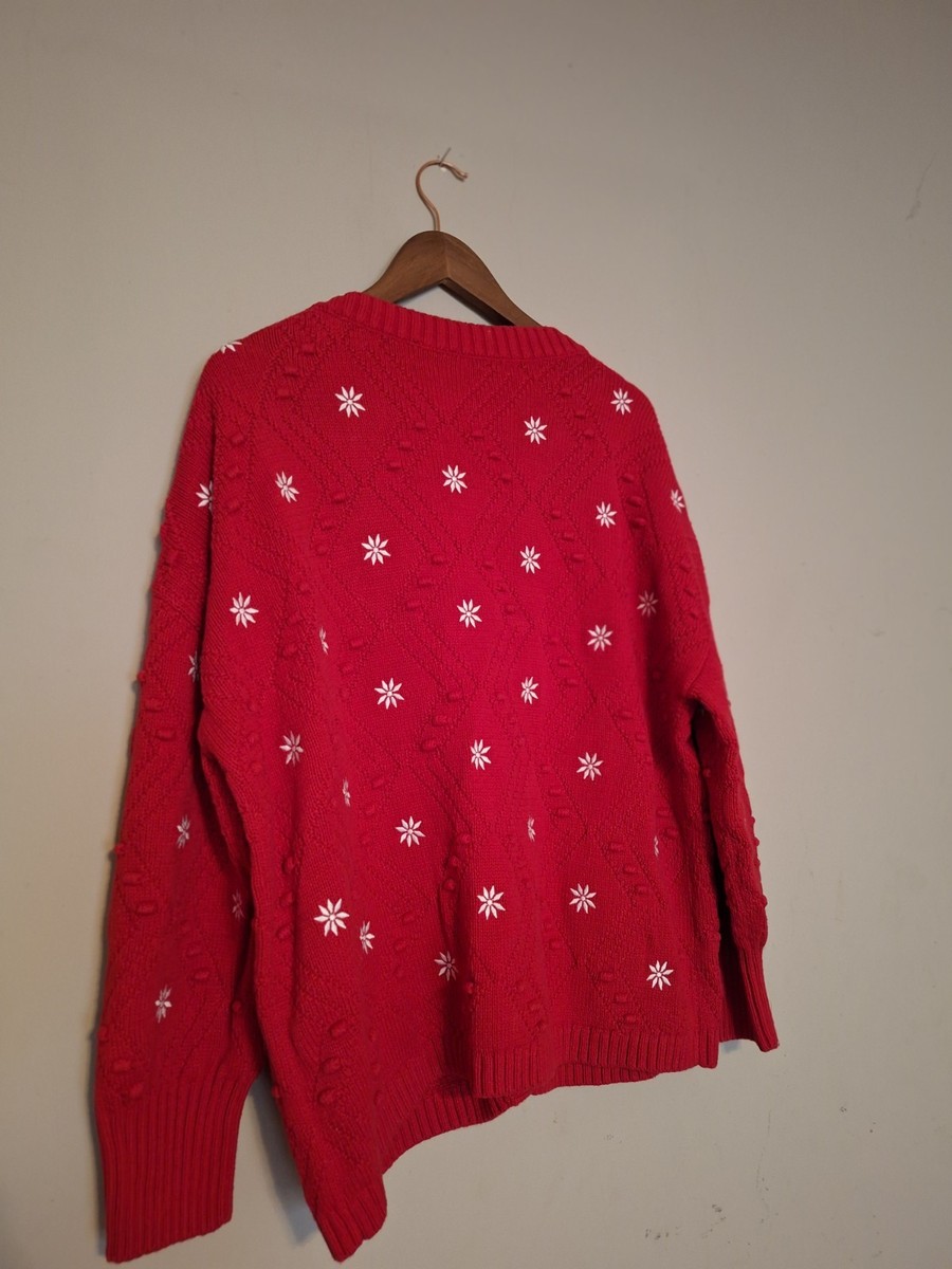 Womens Red/White Knit Button Front Cardigan Sweater Embroidered Snowflake View 3