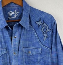 ROCK 47 WRANGLER Western SNAP Front Cotton XL Blue Shirt Pocket embroidered