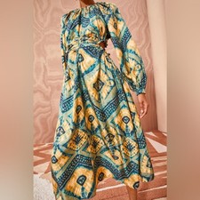 Ulla Johnson Tulia Dress Green Gold Constellation Silk Size 10 Cutouts Shibori