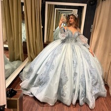 Light Blue Quinceanera Dresses with Long Sleeves Lace Appliques Sweet 15 16