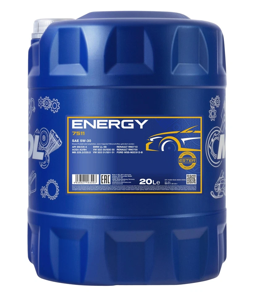 20 Litre mannol Énergie 5W-30 huile moteur 7511 Api Sn / CH-4 Acea A3/B4 - Photo 1/2