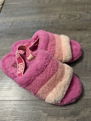 UGG Fluff Yeah Slide Slippers Pink Striped Fur Women's Size 9