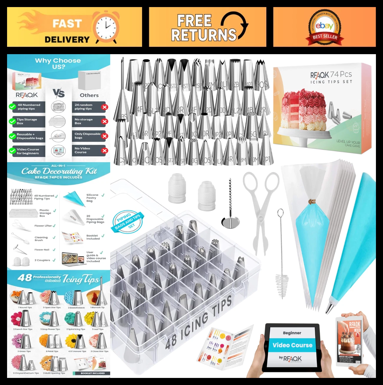 74-Pc Cake Decorating Set - Icing Piping Bags, 48 Numbered Tips, Anti-Burst Past
Opens in a new wind