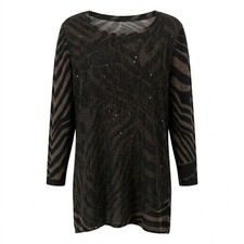 Ali Miles Womens XL Tunic Top Black Brown Zebra Print Sequin Mesh Overlay