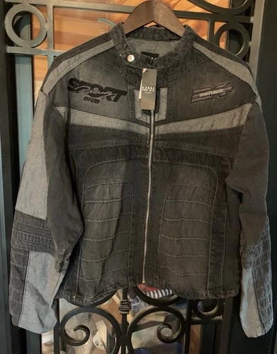 BoohooMAN Men's Y2K Boxy Denim Moto Appliqué Biker Jacket Size S NWT video thumbnail