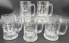 Vintage Etched Glass Ship Beer Mugs 5 pc Set Nautical Sailing Steins Historical