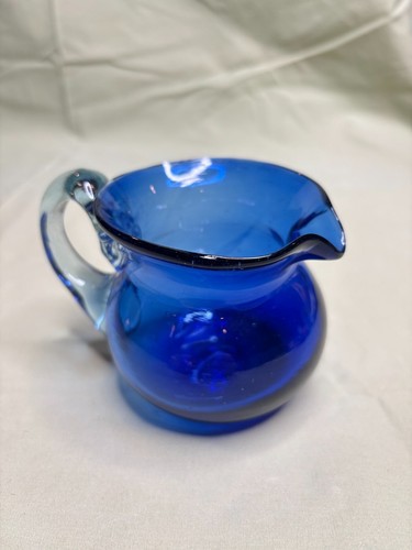 Cobalt Art Glass Pitcher Vase with Clear Handle - Picture 2 of 6