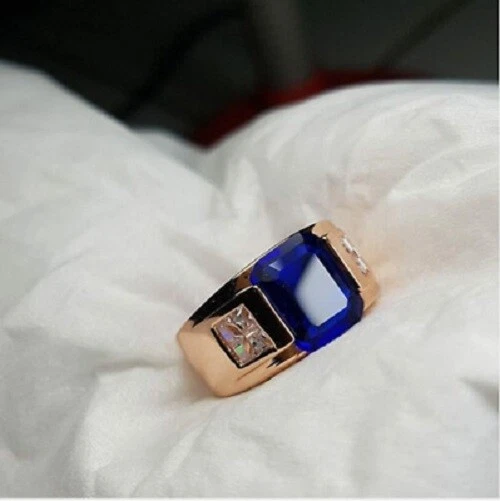 Anillo de compromiso de diamantes y zafiros azules talla esmeralda de 3 quilates de oro rosa de 14 quilates Foto 3 de 4