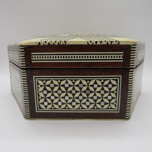 Egyptian Inlaid Mosaic Mother of Pearl Wood 6.5" x 6.5" Hexagon Decorative Box - Picture 8 of 11