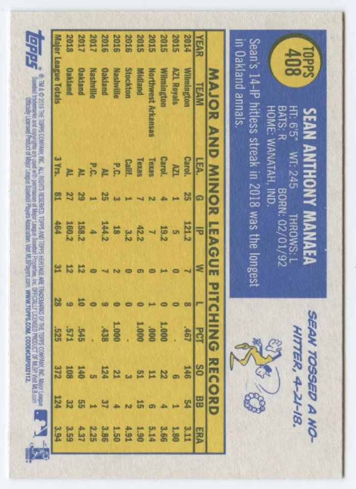 2019 Topps Heritage #408 Sean Manaea SP Oakland Athletics Baseball Card ID:42671 - Image 2 of 2