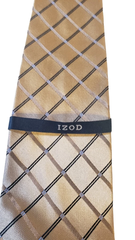 全新带标签 Izod 设计师丝绸领带金色黑色几何格子十字纹 — 第 2/4 张图片