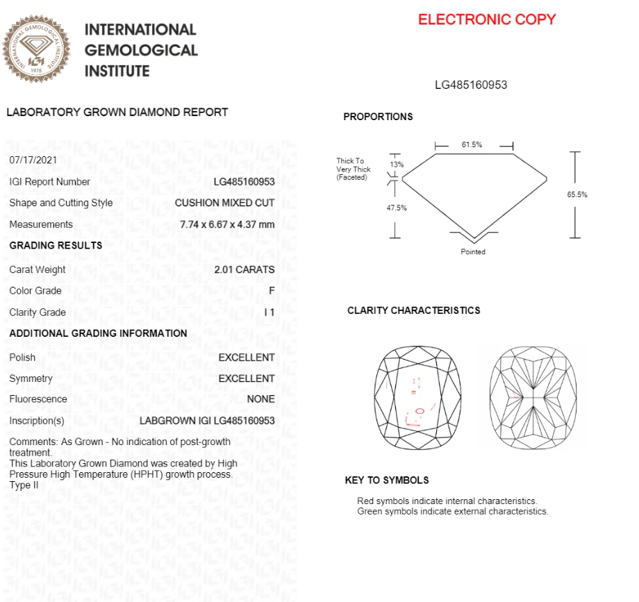 IGI 2 CT Cushion Lab Created Diamond For Engagement Ring - Image 2 of 2