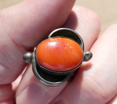 Vintage Southwestern PTT Unmarked Sterling Silver Coral Ring Size 5.75 7.1g