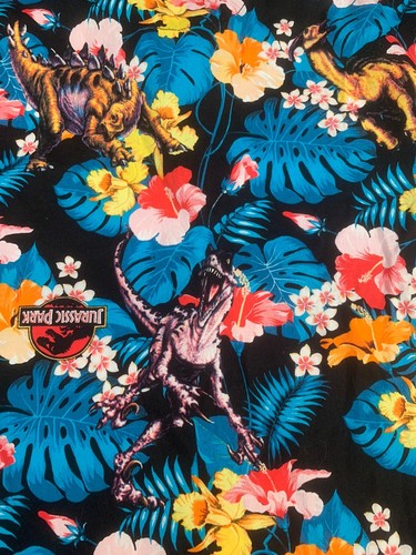Jurassic World Black Shirt Dinosaurs Floral Hawaiian Aloha Print Sz Tag Missing - Picture 7 of 9