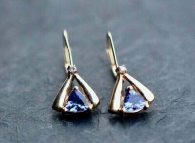 2Ct Trillion Cut Lab-Created Tanzanite Drop/Dangle Earring 14K Yellow Gold Over