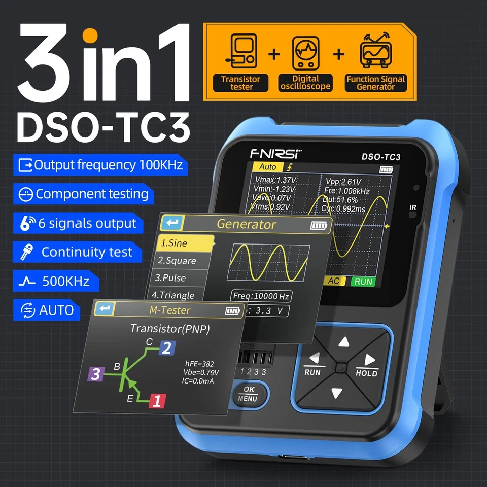 FNIRSI DSO-TC3 3 in 1 Digital Oscilloscope Transistor Tester Signal Generator - Image 2 of 4