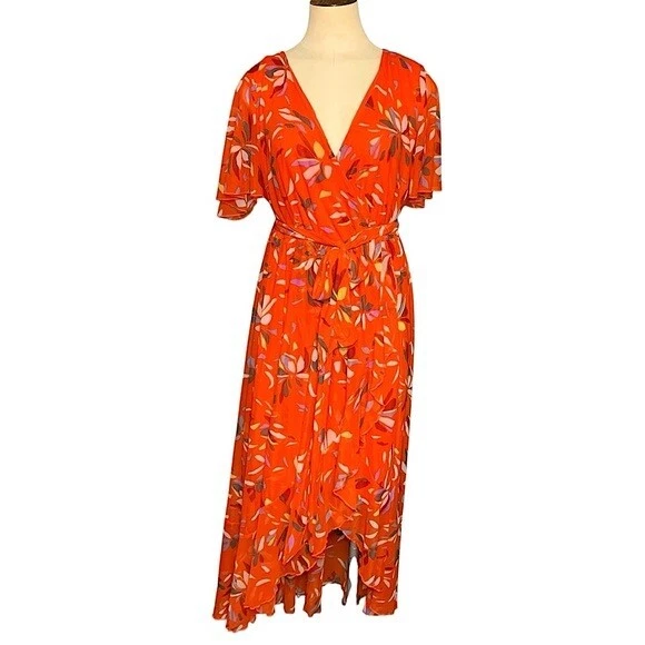 Floral Sheer Mesh Wrap Dress Coral Red Ruffle Hi-Low Sundress Party Wedding  XL Foto 2 de 4