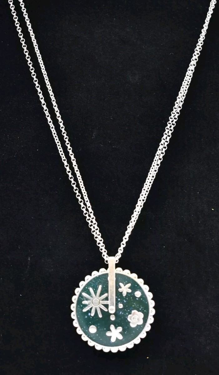 Lucky Brand Silver Tone Flower Inlay Double Chain Floral Pendant Necklace  30