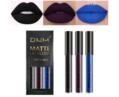evpct 3Pcs Dark Blue Black Purple Matte Lip Liner and Liquid Lipstick Stain...