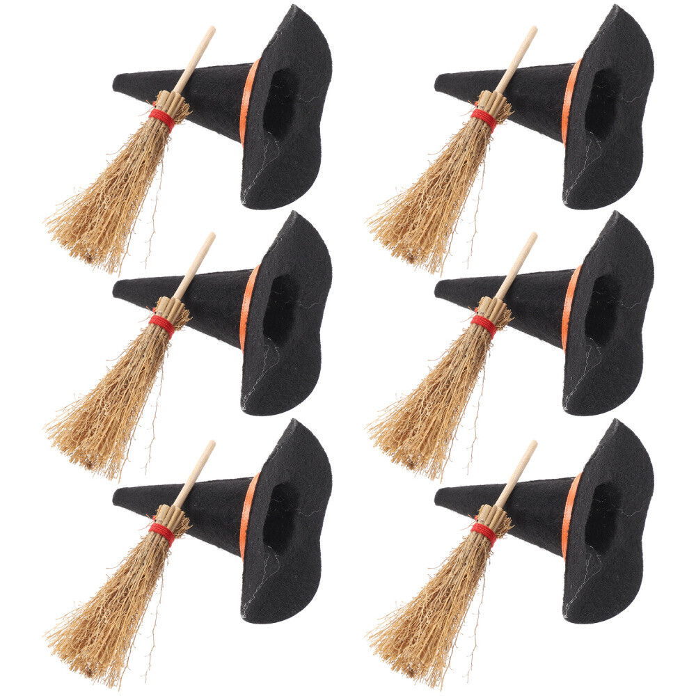 12 Pcs Miniature Witch Hats And Brooms Doll House Halloween Party