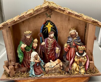 Nativity Set Manger Scene Creche Moss Wood Stable 9 Resin Figures Star