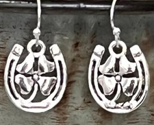 Silver Horseshoe, Four Leaf Clover Earrings. Lucky Shamrock