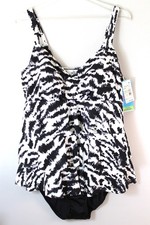 SWIM SOLUTIONS Fauxkini Triple Ruffle Front Swimdress Size 16W B/W Retail 122